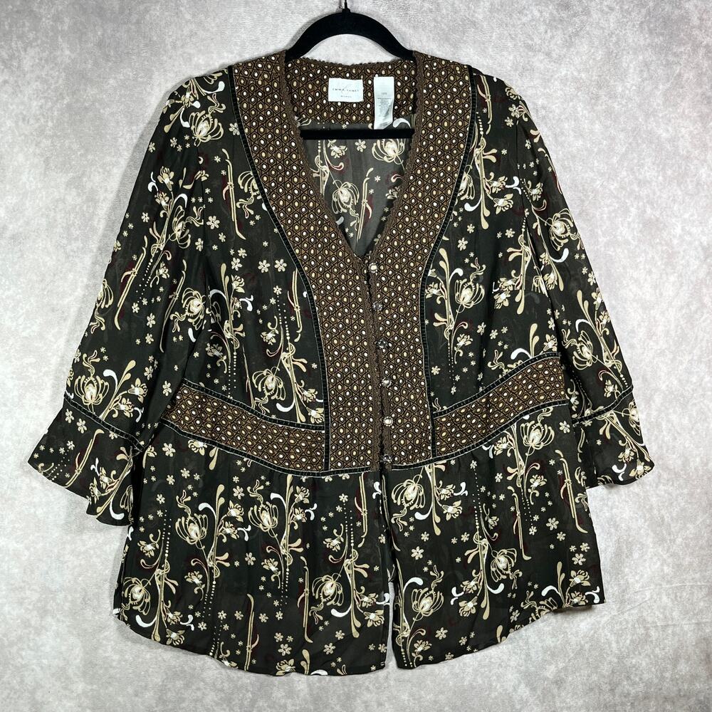 Emma James Blouse Womens 18W Brown Floral Button Front Boho Peasant Fairy Light